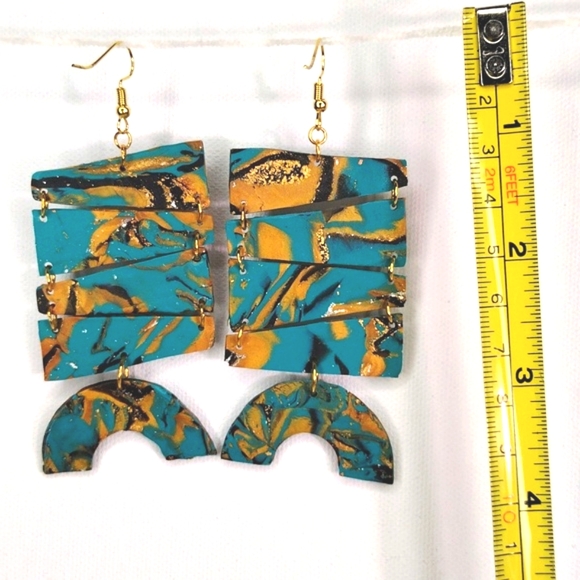 Bohemian dangle women's earrings, teal, black, gold, handmade, hypoallergenic - Picture 3 of 3